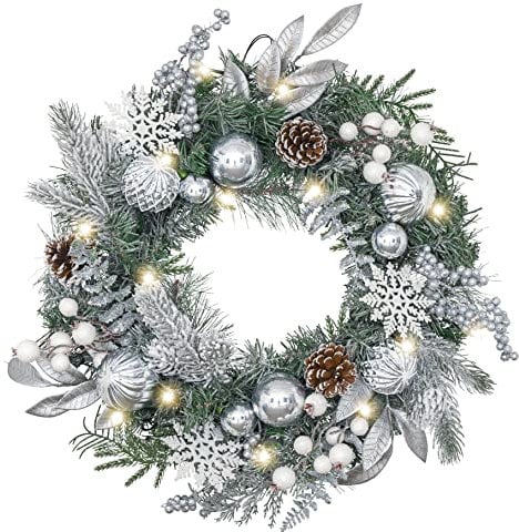 Valery Madelyn 18 Zoll/46 cm Weihnachtskranz für Haustür Türkranz mit Weihnachtskugeln und Tannenzapfen, Weihnachtsriff mit 15 LED-Lichtern und Timer-Funktion für Weihnachtsdeko Silber Weiß