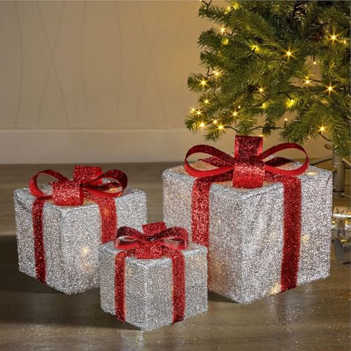 Taylor & Brown Set of 3 LED Light Up Decorative Coloured Parcel Presents Set with Bow Indoor Outdoor Decoration Xmas Lights (Silver & Red)
