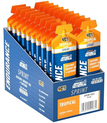 Sprint | Energy Gel with Caffeine | Easy to Digest | Improves Alertness & Concentration | Zero Fat Zero Sugar | 23g Carbohydrates + Electrolytes & B-Vitamins (Pack of 20 x 60 gram) (Tropical)