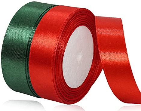 25mm Ruban Noel 2 Rouleaux/45 Mètres Rouge et Vert Ruban Satin pour Emballage Cadeau Noel, Decoration Noel Sapin, Couronne de Noel Porte