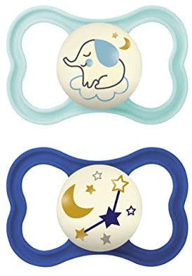 MAM Air Night Silikon Schnuller im 2er-Set, zahnfreundlicher und leuchtender Baby Schnuller, extra leichtes und luftiges Schilddesign mit Schnullerbox, 6-16 Monate, Elefant/Sterne, türkis + blau