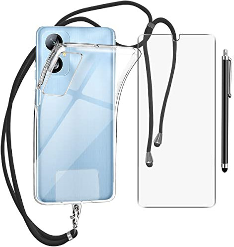 TTSWJBD Handykette für Blackview A52/A52 Pro Hülle mit Displayschutzfolie Schutzfolie, Necklace Handyhülle mit Abnehmbar Kordel zum Umhängen Transparent Silikon Schutzhülle mit Band in Schwarz