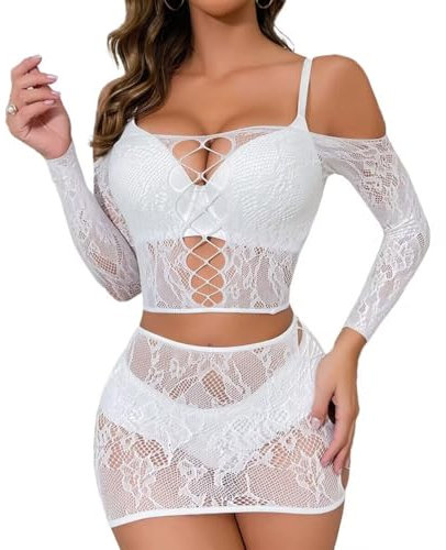 Buitifo Ensemble de Lingerie Femme Fishnet Babydoll Bodysuit Nuit Sexy Dentelle 2 Pièces(Blanc,Taille Unique)