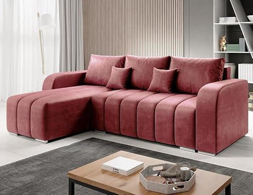 ML Furniture Ltd Velvet Ecksofa in L-Form 245 x 86 x 147 cm mit Schlaffunktion und Bettzeugbehälter - Schlafsofa mit Bettkasten - Eckcouch mit Stauraum - Links Couch Velours - Farbe: Rosa MO63
