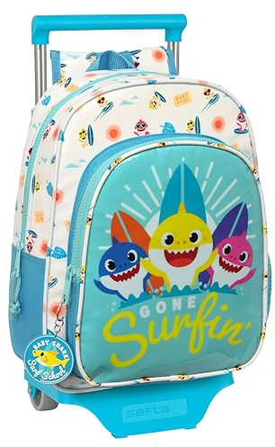 Safta BABY SHARK SURFING Kinderrucksack mit Trolley 705, ideal für Kinder unterschiedlichen Alters, bequem und vielseitig, Qualität und Stärke, 26 x 11 x 34 cm, Blau und Weiß, blau/weiß, Estándar,
