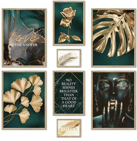 ARTFAVES® Poster Set - GOLDEN LEAVES - mehrteilige Wanddeko Wohnzimmer & Schlafzimmer - 8 moderne Wandbilder gold, türkis, Pflanzen, Blätter, Monstera - mit Rahmen Eiche