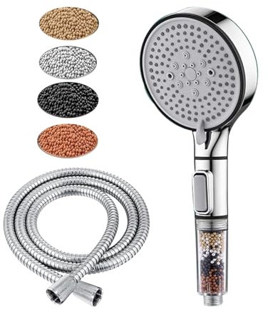 Bokaiya Duschkopf und Schlauch mit Dreifach Filtration, Neueste 5-Modi Hochdruck Duschköpfe mit 1.5M Schlauch, Universal Hartwasserenthärter (Silber)