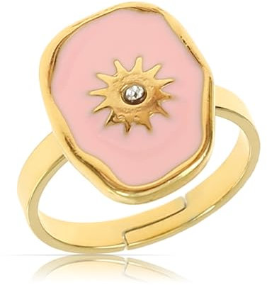 Made by Nami Goldener Boho Edelstahl Ring mit pinknem Edelstein mit Sonne im Zentrum goldumrandet Damen Schmuck Größenverstellbar & Wasserfest (Rosa)