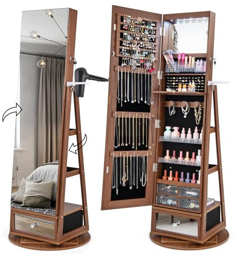 COSTWAY Schmuckschrank 360° drehbar, Spiegelschrank mit Ganzkörperspiegel, LED-Leucheten & Schublade & Haartrocknerhalter, Schmuckregal abschließbar, Standspiegel für Schmuck (Braun)