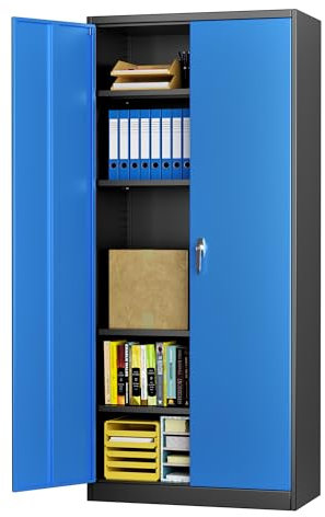 SUPEER Aktenschrank,Metallschrank mit 4 höhenverstellbaren Fachböden,Stahlblech Pulverbeschichtung,Stahlschrank für Werkzeuge,Garage H180cm x W80cm x D40 cm(schwarz/blau)