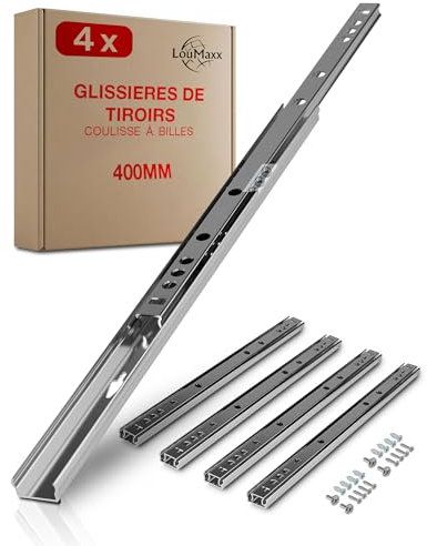 LouMaxx Juego de 4 rieles para cajones con ranura de 27 mm, rieles de mm, sistema de rieles para cajones con extracción parcial para ranura de 27 mm (L = 400 mm, 4, Unidad)