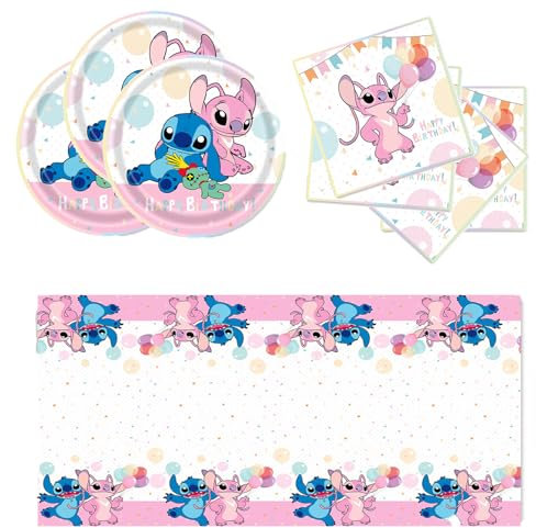 CULTURE PARTY Stitch Birthday Party Supplies, 20 Plates 20 Napkins and Tablecloth for Girls Boys Stitch Birthday Party Decorations E