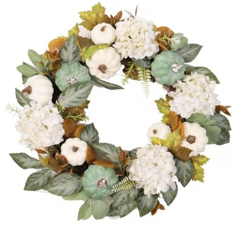 45CM Fall Wreaths Front Door Decor, White Green Autumn Pumpkin Hydrangea Harvest Thanksgiving Wreath Reef Outside Outdoor Indoor Farmhouse Home Door Decorations (White)