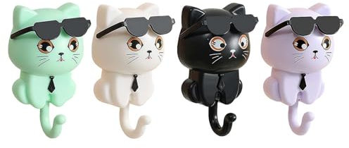 Lot de 4 porte-clés en forme de chat mignon avec lunettes de soleil, crochets adhésifs puissants, crochets muraux pour accrocher clés, sac, chapeau, serviette, écharpe
