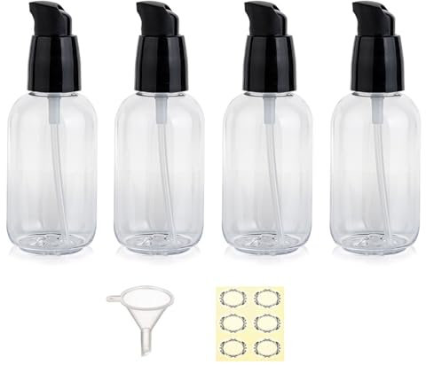 Apstaqeoo 4Pcs 80Ml Empty Lotion Pump Bottle Dispenser for Toiletries TSA Approved Pump Dispenser Leak-proof Plastic Travel Bottles Container with Label & Funnel for Cleaning Shampoo Cosmetic (Clear)