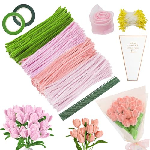 YSUVIN Pfeifenputzer Zum Basteln, 400 StüCk Pfeifenreiniger Blumen Set, 4 Farben Zartrosa Grün Pfeifenreiniger Zum Basteln mit Blumendraht, Blumen Staubblatt, Blumentasche für Blumenstrauß DIY Dekor