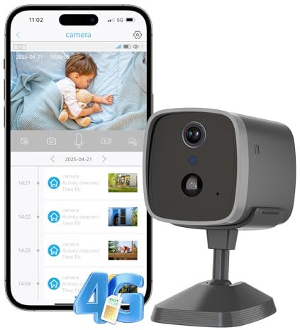 EIOTMART 4G LTE Überwachungskamera Innen mit Daten-SIM-Karte, 2K Super HD Akku-Kamera, Mini Kamera ohne WLAN, PIR-Bewegungserkennung, 3MP Nachtsicht, 120° Weitwinkel, TF-/Cloud