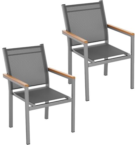 Clevich Stapelstuhl Garten, Gartenstühle Alu 2er Set, Textilene Wetterfest Stapelbarer Esszimmerstuhl, Aluminium & WPC, für Terrasse, Balkon, Terrasse, Pool, Restaurants (2, Grau)