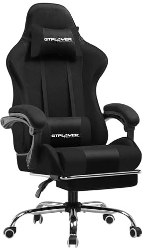 GTPLAYER Fabric Gaming Chair, Massage Ergonomic Computer Chair with Footrest, Lumbar Support, Headrest, Height Adjustable Home Office Reclining PC Racing Chairs (Black)
