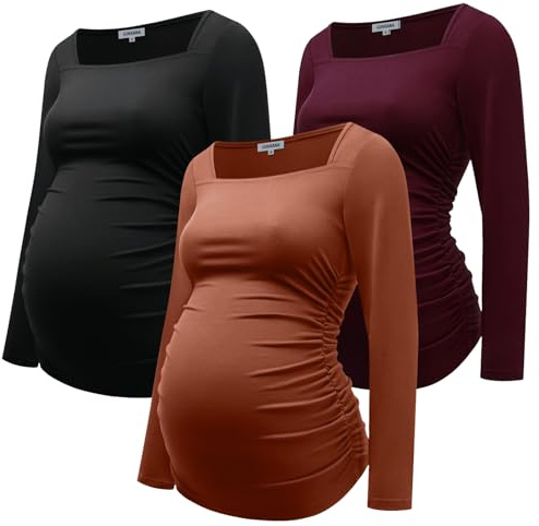 GINKANA Umstands-Shirts, quadratischer Ausschnitt, schmale Passform, T-Shirt, Schwangerschaft, Basic, Langarm-Shirt für den täglichen Gebrauch, Schwarz, Karamell, Burgunderrot, Mittel