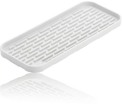 HvOvMvE Silicone Organiser Caddy, Kitchen Sink & Bathroom Holder for Sponge, Dish Brush and Soap Dispenser (White 1 Pack, 30.5x12cm)