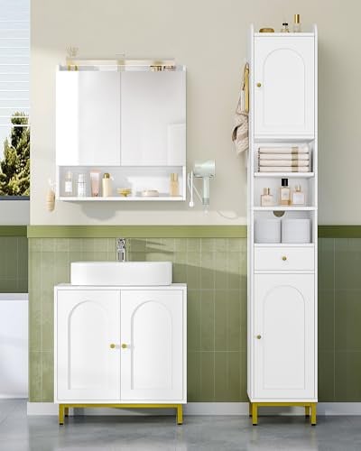 Hzuaneri Ensemble de Meubles de Salle de Bain, Meuble sous Lavabo 60 cm, Armoire Murale Salle de Bain Miroir LED, pour Salle de Bain, Toilettes, Buanderie, Blanc, BC11003XEU