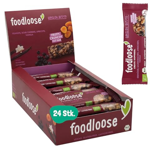 foodloose Bio-Nussriegel Garden Gusto | Vegane, laktose- und glutenfreie Bio-Riegel ohne raffinierten Zucker | Erdnüsse, Sauerkirsche, Aprikose & Vanille | Vorteilspack (24 Riegel x 35g)