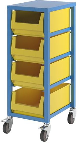 eurokraft pro | Kommissionierwagen | Lichtblau RAL 5012, Höhe 1050 mm, mit 4 Stk 23-Liter-Kunststoffkästen