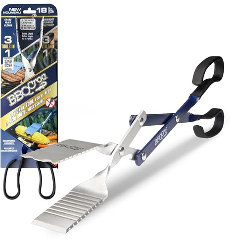 BBQ Croc 3 in 1 Barbecue Tool 46 cm - Tongs, Spatula and Grill Cleaner (Blue)