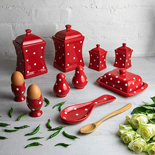 City to Cottage® - Keramik Geschirr Set 10-teilig | Rot und Weiß | Polka Dots | Handgemacht | Behälter Küche, Butterdose, Eierbecher, Salzstreuer und Pfefferstreuer, Löffelablage