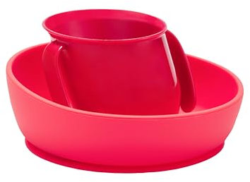 Doidy Becher- und Schüssel-Set – Einzigartiger Trinklernbecher mit schrägem Design und rutschfestem Silikon-Saugnapf – Entwöhnungsgeschenkset für Babys und Kleinkinder (rot)