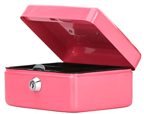 Small Cash Box with Key Lock, Parrency Portable Metal Money Box with Double Layer & 2 Keys for Security, 6 1/5 x 5 x 3, Pink