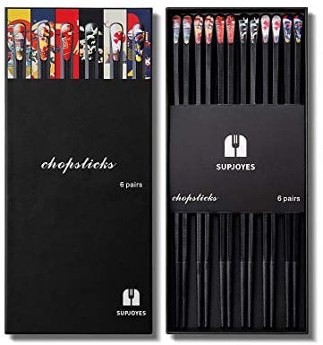 SUPJOYES 6 Paires Baguettes Japonaises - Baguettes Chinoises réutilisables lavables au lave-vaisselle coffret cadeau avec différents motifs asiatiques, Baguettes Antidérapantes, 24cm