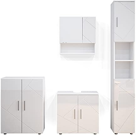 Vicco Badmöbel-Set Irma, Weiß Hochglanz, 4 Teile, mit Hochschrank und Kommode