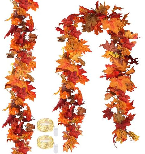 2 Stück Herbst Girlande mit LED, Künstliche HerbstGirlande Ahornblatt Girlande Bunte Herbstdekoration für Zuhause Hochzeit Party für Zuhause Kamin Kaminsim Haustür Erntedank-Dekor
