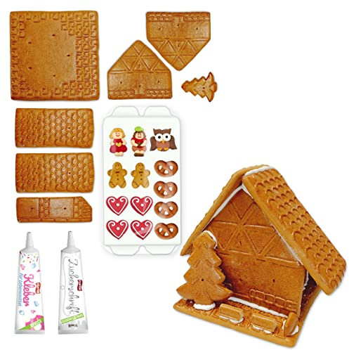 Lebkuchenwelt Lebkuchenhaus Bastelset mit Bastel-Anleitung ca. 17x17x18 cm inkl. Zuckerfiguren Zuckerguss-Tube & Lebensmittelkleber ca. 650g Lebkuchen Knusperhäuschen selber bauen & verzieren