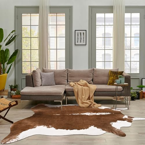 HOMORE Kuhfell-Teppich, 18 x 150 cm, großer Rindsleder-Teppich für Wohnzimmer, langlebig und rutschfest, Kunstfell, Tier, Kuhdruck, Teppich für Schlafzimmer, Büro, Westerndekoration, Khakibraun