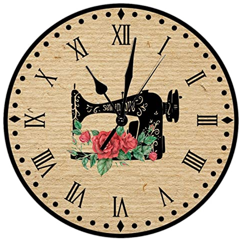 Hand Sewing Machine Wall Clock Retro Sewing Room Decor Flowers Large Wooden Wall Clocks Battery Operated 15 Inch Silent Romantic Tailor Home Office Kitchen Living Room Craft Room Decor Sewing Gift