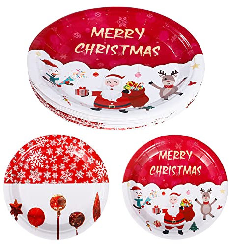 7 inch Christmas Party Paper Plates, 20 Pack Snowflake Santa Elk Paper Plates for Christmas New Year