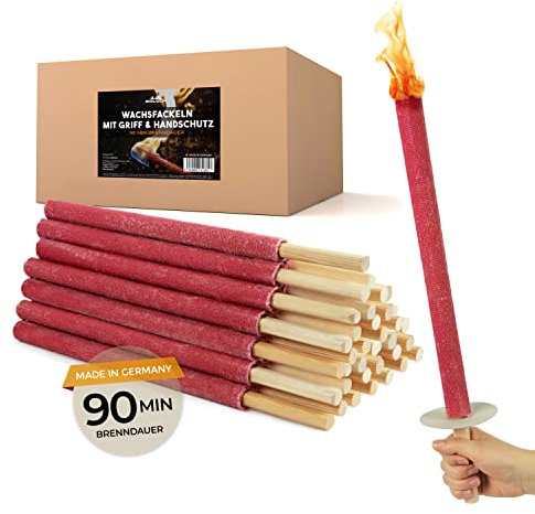 Bolson Wachsfackeln 90 Min (50 Stk.) Gartenfackel aus Wachs mit Handschutz & Griff für Kinder & Erwachsene - in Deutschland hergestellte Fackel für Draußen - ideal f. Fackelwanderung, Garten, Outdoor