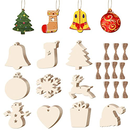 DUDSOEHO 100PCS Wooden Christmas Decorations - 10 Shapes Crafts Unfinished Wooden Ornaments for DIY Crafts Christmas Tree Hanging Decoration