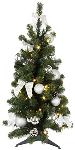 Flair Flower Tannenbaum LED-Licht Kugeln Zapfen Schleifen Ständer künstlicher Christbaum Kunsttanne Weihnachtsdeko Tannenbaumständer Christbaumständer Dekotanne Dekobaum,270850SI,Silber,ca. 90cm