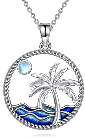 POPLYKE Palm Tree Halskette Sterling Silber Mondstein Ocean Wave Beach Anhänger für Frauen