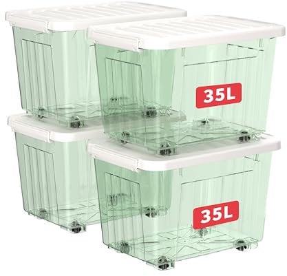Cetomo 35L*4 Storage Boxes with Wheels, Plastic Storage Box with Lid, Latching Buckles, Click Closure, Stackable, Nesting, Durable Organizer for Home Office Clothes, Clear Green, 35L-4 Pack