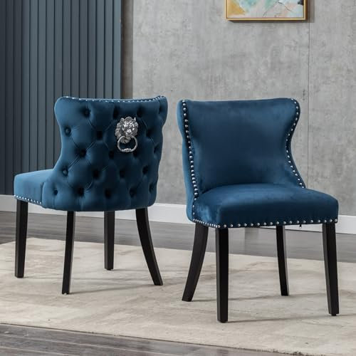 chairus Samt Esszimmerstühle 2er Set Küchenstühle Gepolstert für Wohnzimmer Armlos Polsterstuhl mit Holzbeinen (Blau-2)