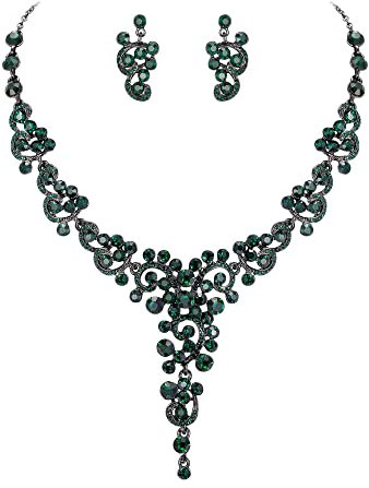 EVER FAITH Damen Schmuckset Kristall Blumen Welle Rebe Braut Brautjungfer Elegant Y-förmige Halskette Ohrringe Set Grün Schwarz-Ton