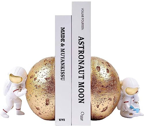 Buchstütze, dekorativ, Weltraum-Bücherregal, Dekoration, Astronauten-Buchstützen, Mond, schwere Bücherhalter, Gold, Idee für Jungen und Kinder