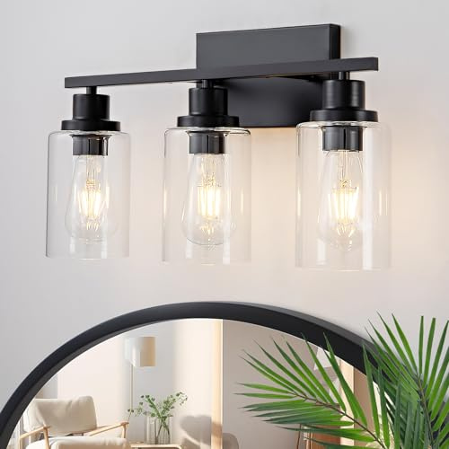 HCCZ 3 Light Bathroom Light Fixtures Black Vanity Light Over Mirror Modern Farmhouse Wall Lighting Sconces Rustic Industrial Wall Lamp for Bathroom, Bedroom, Living Room E26 Socket with Glass Shade