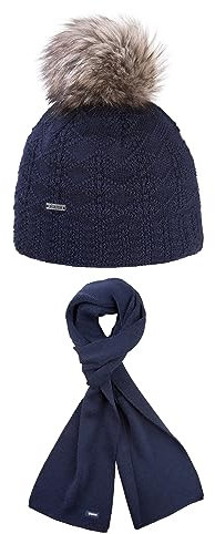 kama Gestrickte Merino-Mütze A109 und Schal S22, Damen - Dunkel Blau