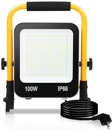 Sonnewelt LED Baustrahler Baulampe 1 x 100W 10000LM Bauscheinwerfer IP66 Wasserdicht LED Arbeitsleuchte 6000K Kaltweiß mit Stecker, 3M Kabel, Faltbarer Ständer für Innen und Außen